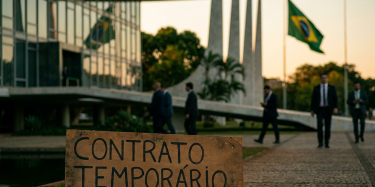 Placa de madeira com a inscrição contrato temporário em primeiro plano diante de prédio público e bandeiras do Brasil ao fundo