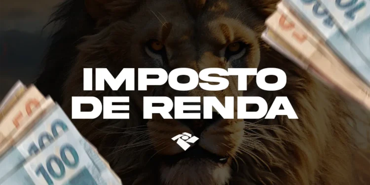 Leão do imposto de renda com notas de dinheiro simbolizando o prazo final da declaração 2026.