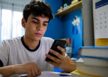 Estudante consulta o celular enquanto estuda, representando a busca de informações sobre o valor e o prazo de pagamento da taxa do Enem 2026.