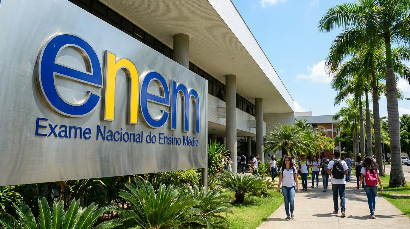Estudantes caminham em frente a prédio institucional com totem do ENEM azul e amarelo, cercado por palmeiras.