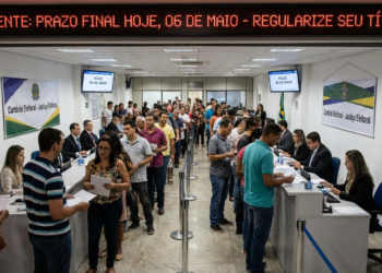 Eleitores aguardam em fila organizada dentro de cartório eleitoral com letreiro digital urgente sobre prazo final.
