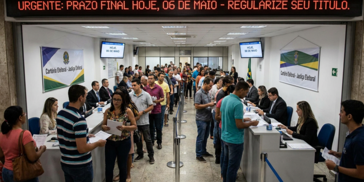 Eleitores aguardam em fila organizada dentro de cartório eleitoral com letreiro digital urgente sobre prazo final.