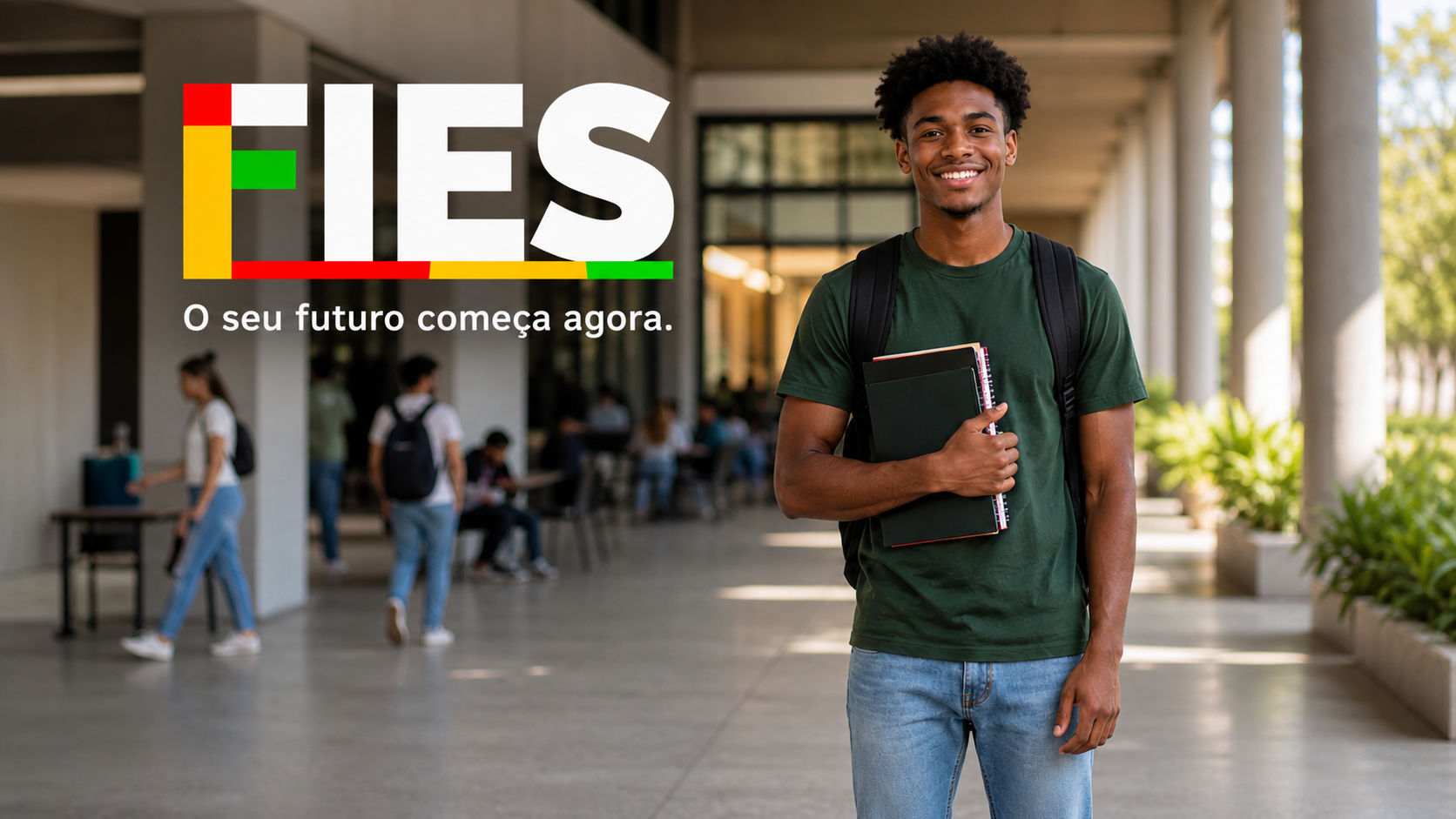 Jovem negro sorrindo com mochila e livros em corredor universitário, logo FIES e slogan ao fundo