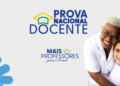 Identidade visual da Prova Nacional Docente do programa Mais Professores para o Brasil com professora abraçando aluna sorridentes