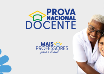 Identidade visual da Prova Nacional Docente do programa Mais Professores para o Brasil com professora abraçando aluna sorridentes
