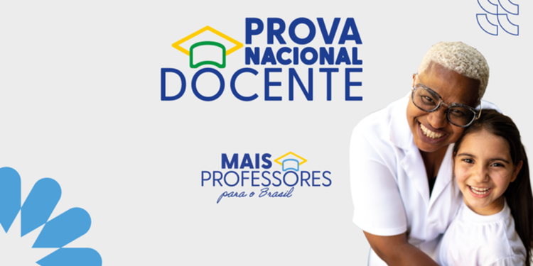 Identidade visual da Prova Nacional Docente do programa Mais Professores para o Brasil com professora abraçando aluna sorridentes