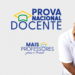 Identidade visual da Prova Nacional Docente do programa Mais Professores para o Brasil com professora abraçando aluna sorridentes