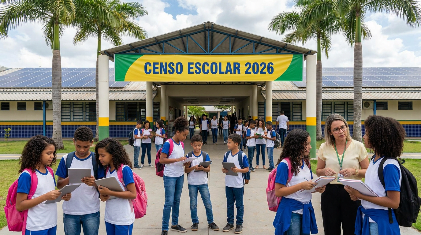 Estudantes com uniformes azul e branco seguram tablets em frente a escola com faixa "Censo Escolar 2026".