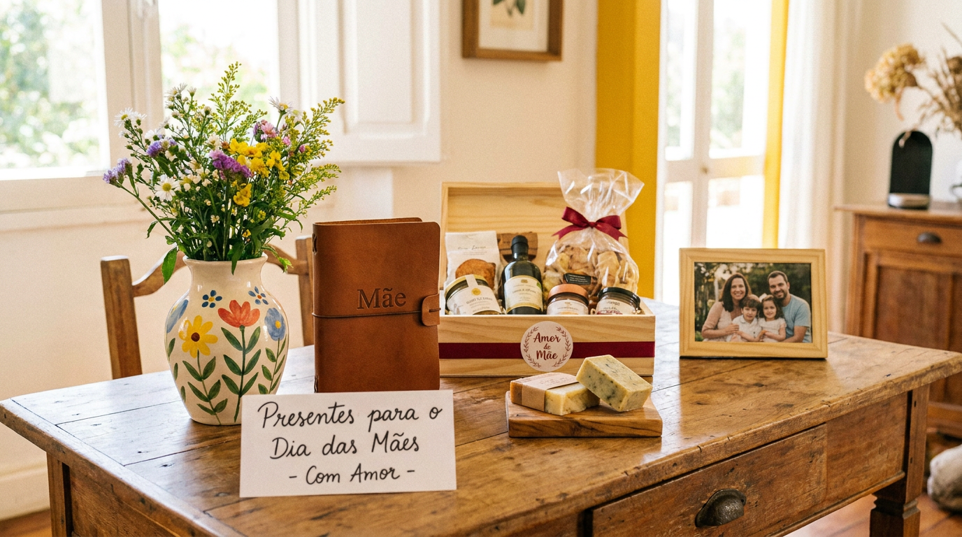 Família com três gerações sorri em volta de mesa rústica com bolos, frutas e suco, sob faixa escrita Dia das Mães