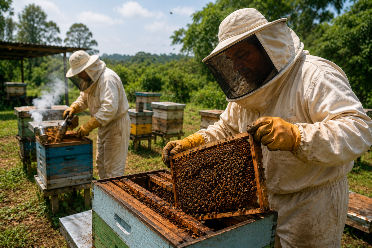 Dois apicultores com trajes brancos e luvas amarelas manuseiam quadros de colmeia repletos de abelhas em apiário verde.