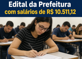 Candidatos sentados em sala realizando prova de concurso público, jovem de óculos e camiseta listrada em destaque.