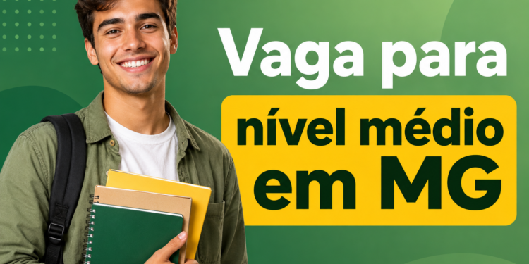 Jovem estudante com mochila segurando cadernos ao lado de texto "Vaga para nível médio em MG" sobre fundo verde.