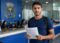 Homem jovem de camiseta azul-marinho com mochila segura formulário em saguão de prefeitura com brasão ao fundo.