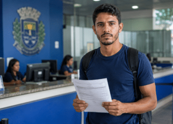 Homem jovem de camiseta azul-marinho com mochila segura formulário em saguão de prefeitura com brasão ao fundo.