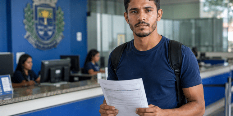 Homem jovem de camiseta azul-marinho com mochila segura formulário em saguão de prefeitura com brasão ao fundo.