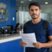 Homem jovem de camiseta azul-marinho com mochila segura formulário em saguão de prefeitura com brasão ao fundo.