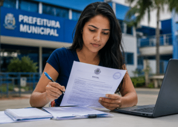 Mulher de cabelo preto e blusa azul-marinho segura documento de edital municipal com caneta azul na mão, laptop ao lado.
