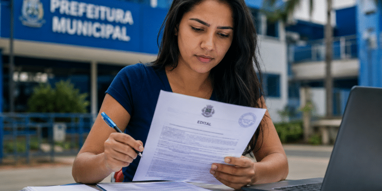 Mulher de cabelo preto e blusa azul-marinho segura documento de edital municipal com caneta azul na mão, laptop ao lado.