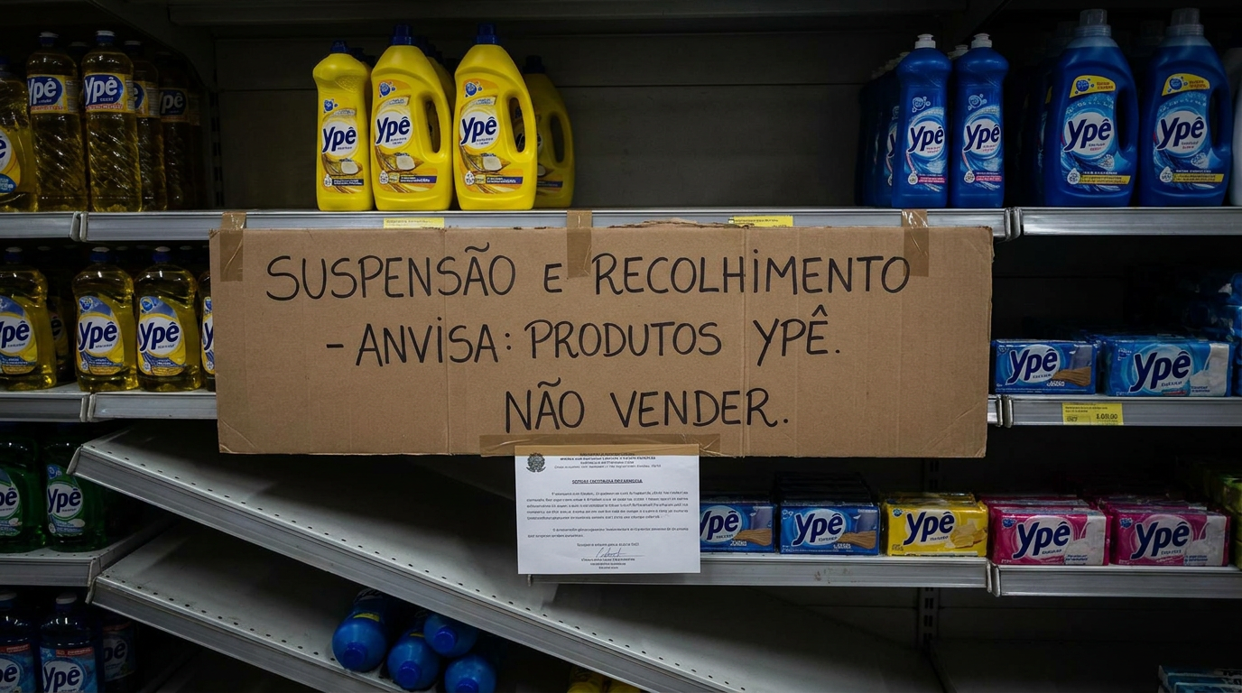 Aviso de suspensão e recolhimento de produtos Ypê por determinação da Anvisa em prateleira de supermercado.