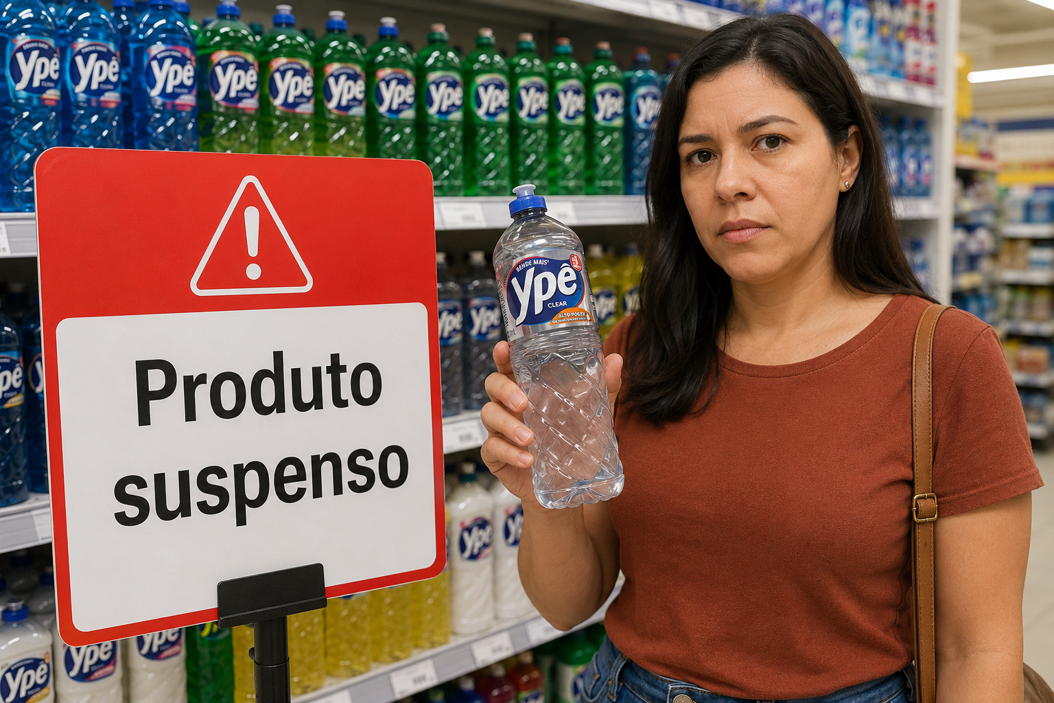 Mulher de blusa terracota segura frasco de detergente Ypê Clear ao lado de placa "Produto suspenso" em corredor de supermercado.