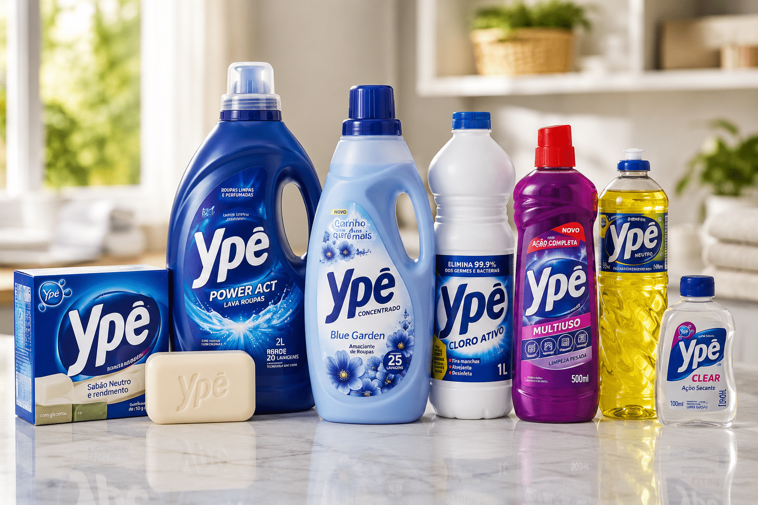 Produtos Ypê em bancada de mármore: sabão em barra, lava-roupas Power Act, amaciante Blue Garden, cloro ativo, multiuso e detergente Clear.
