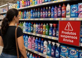 Consumidora observa prateleira de supermercado com produtos Ypê e placa vermelha de alerta "Produtos suspensos Anvisa"