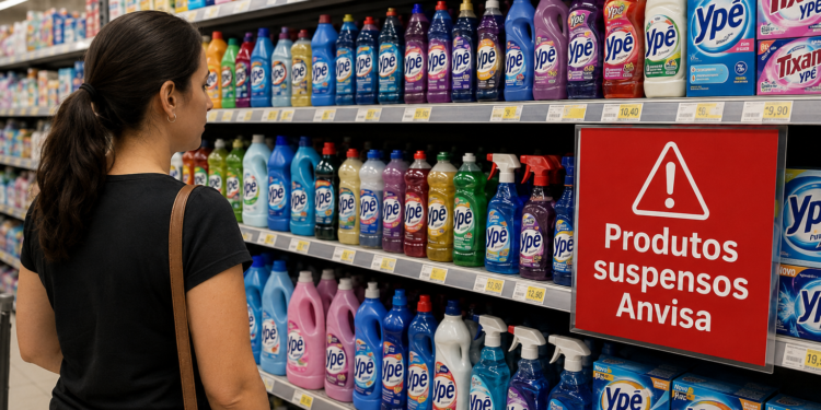 Consumidora observa prateleira de supermercado com produtos Ypê e placa vermelha de alerta "Produtos suspensos Anvisa"