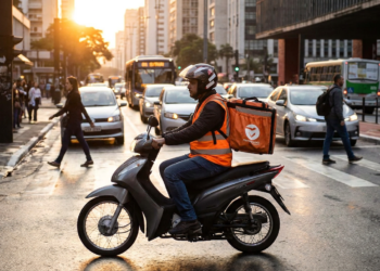 Motoboy com colete e bag laranja da Rappi em Honda Biz atravessa cruzamento no trânsito de SP ao entardecer.