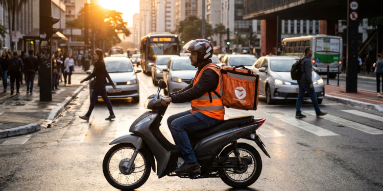 Motoboy com colete e bag laranja da Rappi em Honda Biz atravessa cruzamento no trânsito de SP ao entardecer.