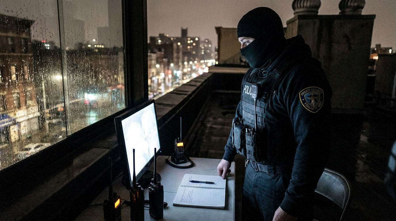 Agente de segurança privada com colete tático preto e balaclava monitora telas em posto com vista para cidade à noite.
