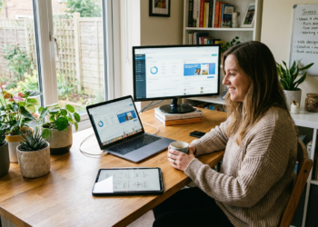 Mulher sorridente segura caneca enquanto trabalha em mesa com laptop, monitor, tablet e plantas decorativas.