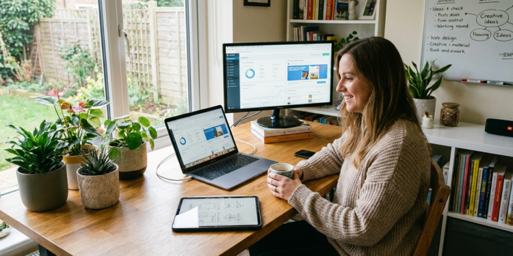 Mulher sorridente segura caneca enquanto trabalha em mesa com laptop, monitor, tablet e plantas decorativas.