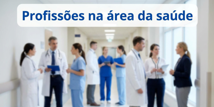 Profissionais de saúde em corredor de hospital, médicos de jaleco branco e enfermeiros de uniforme azul conversando.
