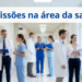 Profissionais de saúde em corredor de hospital, médicos de jaleco branco e enfermeiros de uniforme azul conversando.