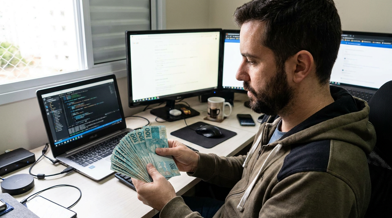 Homem barbudo conta maço de notas de cem reais em mesa com laptop ASUS exibindo código e dois monitores.