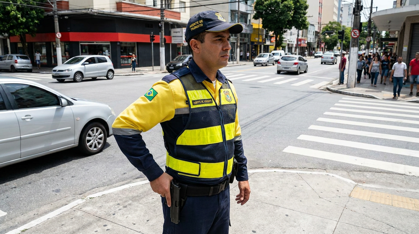 Agente de trânsito com colete amarelo e azul fiscaliza rua movimentada com carros e pedestres ao fundo.