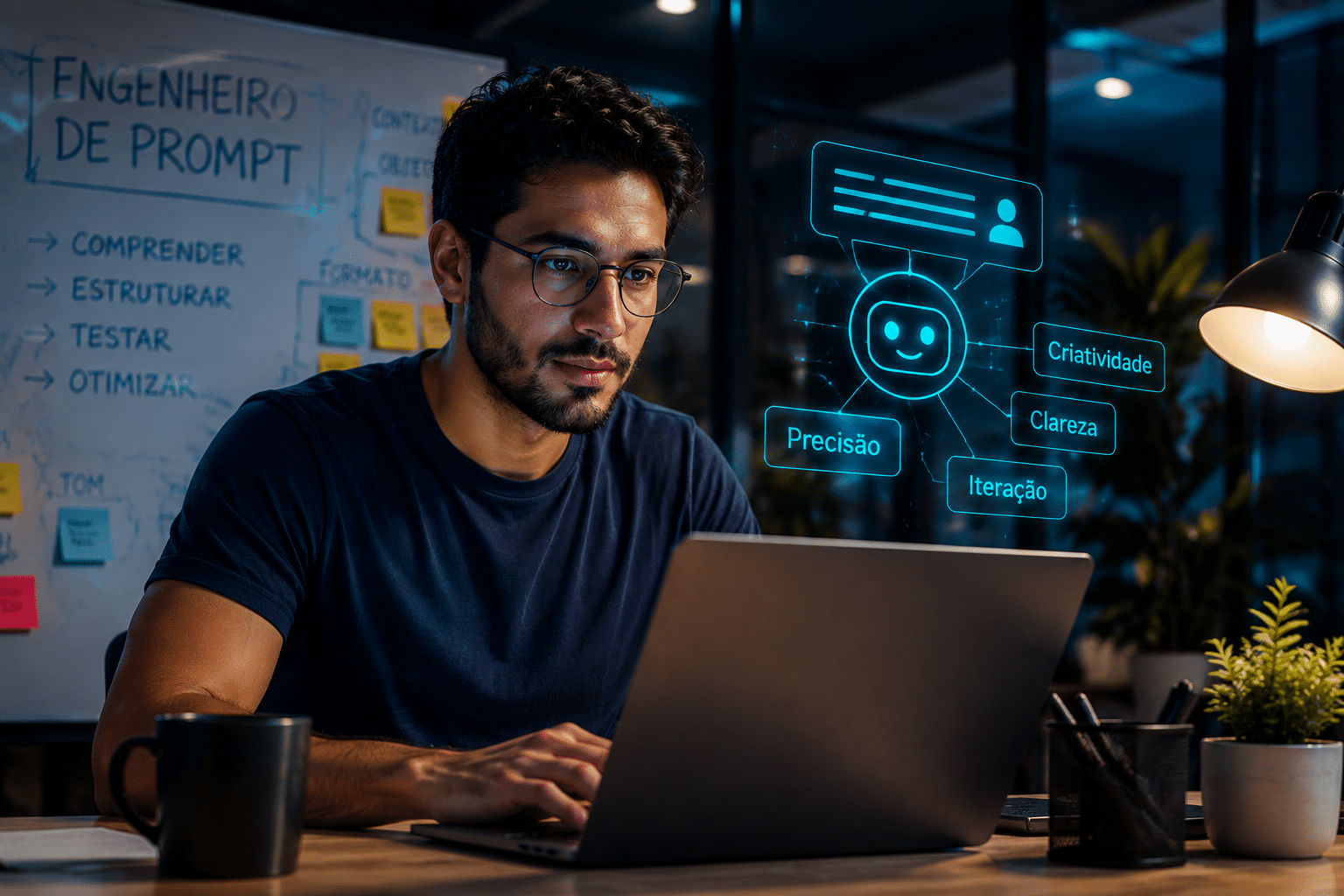 Homem de óculos usa notebook com holograma de chatbot e conceitos de precisão, criatividade, clareza e iteração.