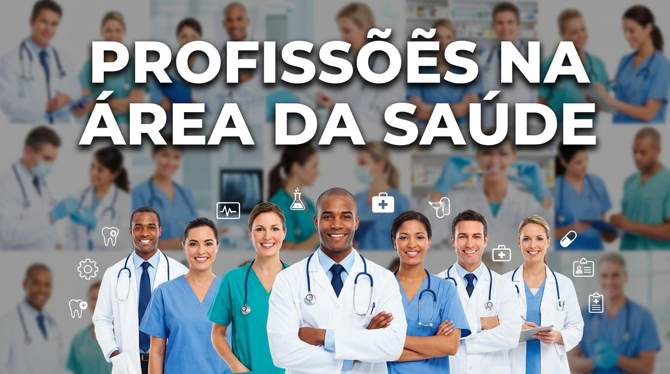 Equipe de 7 profissionais da saúde com jalecos brancos e uniformes azuis, estetoscópios e ícones médicos ao redor.