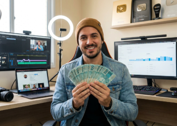 Homem sorrindo segura maço de notas de 100 reais em estúdio com monitores, ring lights, câmeras e placas do YouTube