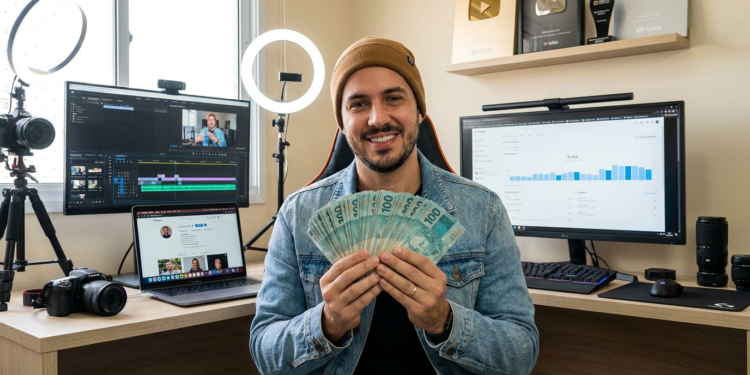 Homem sorrindo segura maço de notas de 100 reais em estúdio com monitores, ring lights, câmeras e placas do YouTube