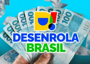 Logo do Desenrola Brasil sobre notas de cem reais, representando a medida assinada por Lula para renegociação de dívidas em 2026.