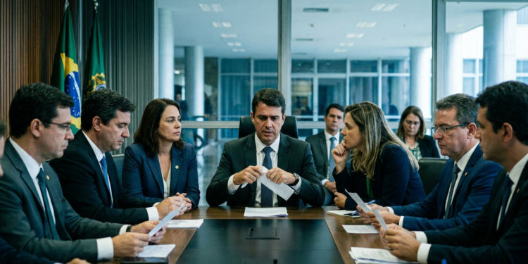 Grupo de parlamentares reunidos ao redor de mesa retangular com documentos e bandeira nacional ao fundo durante encontro na Câmara dos Deputados
