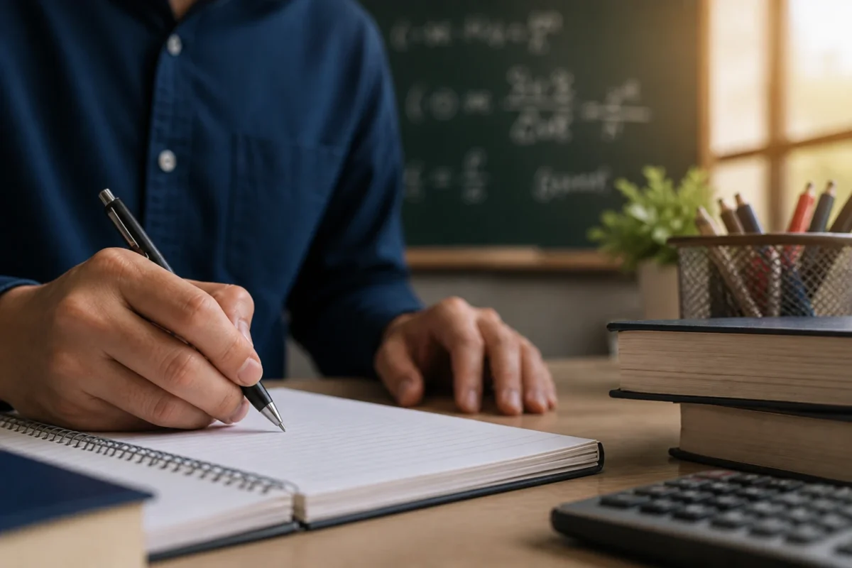 Professor realizando anotações em caderno representando o processo de capacitação em matemática voltado a docentes do ensino fundamental