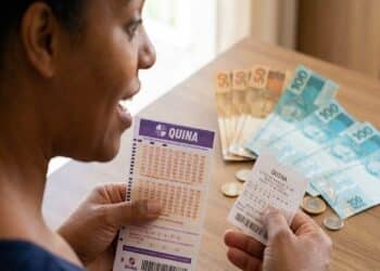 Mulher segura volante e recibo da Quina sobre mesa com notas de 50 e 100 reais e moedas