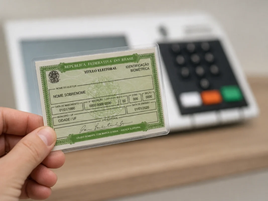 Título de eleitor em destaque com urna eletrônica ao fundo para representar a reabertura do cadastro eleitoral em 2026