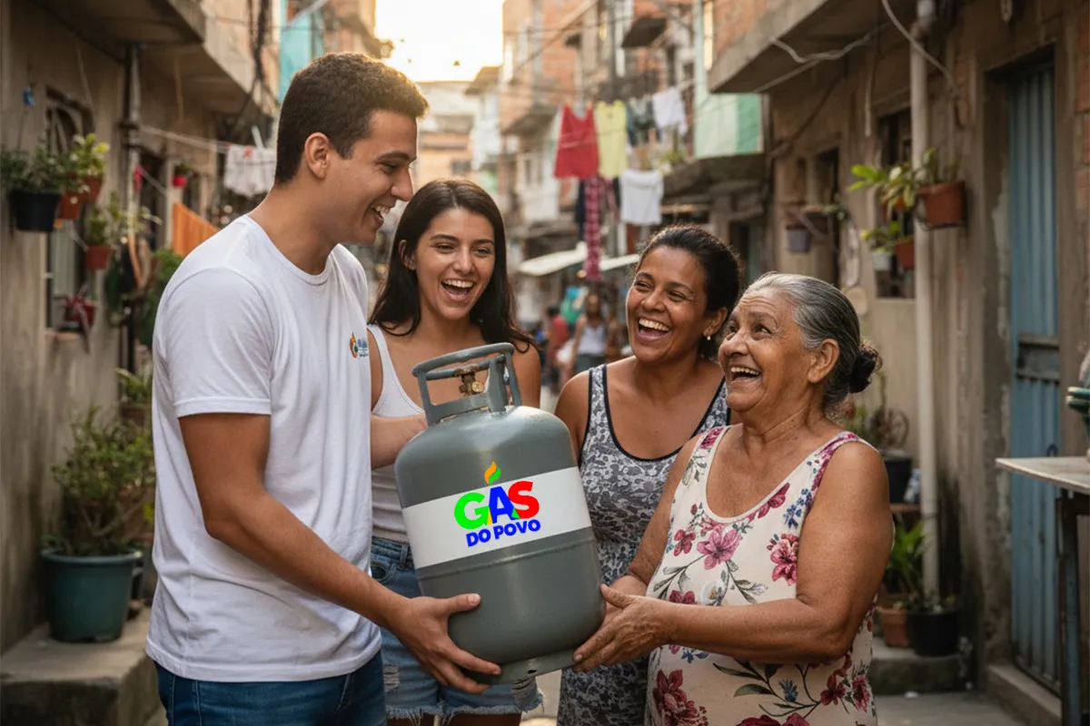 Jovem entrega botijão com logo Gás do Povo a três mulheres sorridentes em viela de comunidade