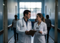 Médico e cirurgiã-dentista conversam no corredor de um hospital, em referência ao novo piso salarial em análise no Congresso.
