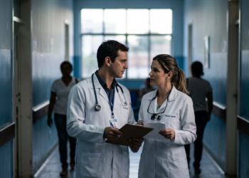 Médico e cirurgiã-dentista conversam no corredor de um hospital, em referência ao novo piso salarial em análise no Congresso.