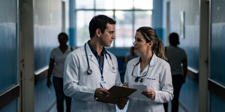 Médico e cirurgiã-dentista conversam no corredor de um hospital, em referência ao novo piso salarial em análise no Congresso.