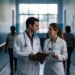 Médico e cirurgiã-dentista conversam no corredor de um hospital, em referência ao novo piso salarial em análise no Congresso.